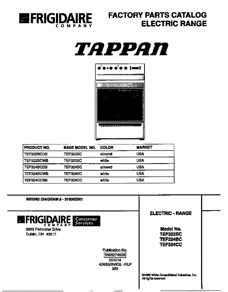 COVER Diagram and Parts List for TEF324CCSB  Tappan Range