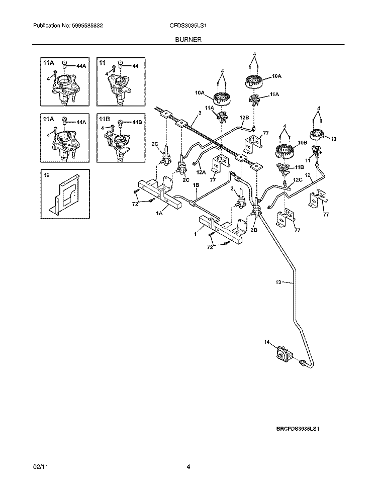 BURNER Diagram and Parts List for CFDS3035LS1  Frigidaire Range