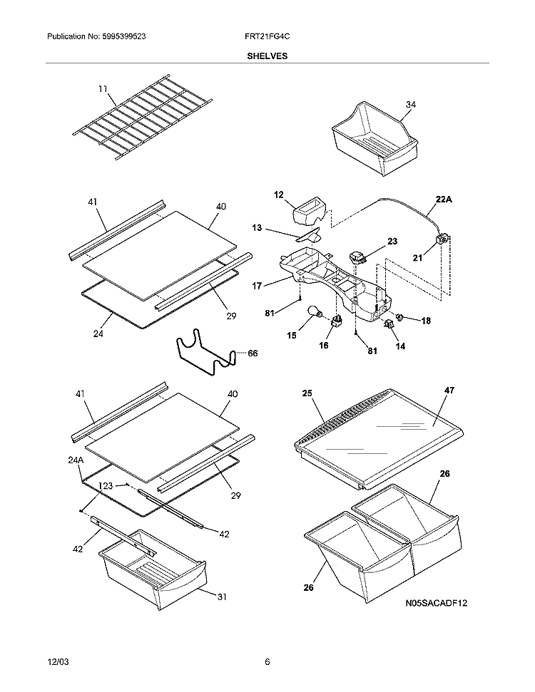 SHELVES Diagram and Parts List for FRT21FG4CW2  Frigidaire Refrigerator