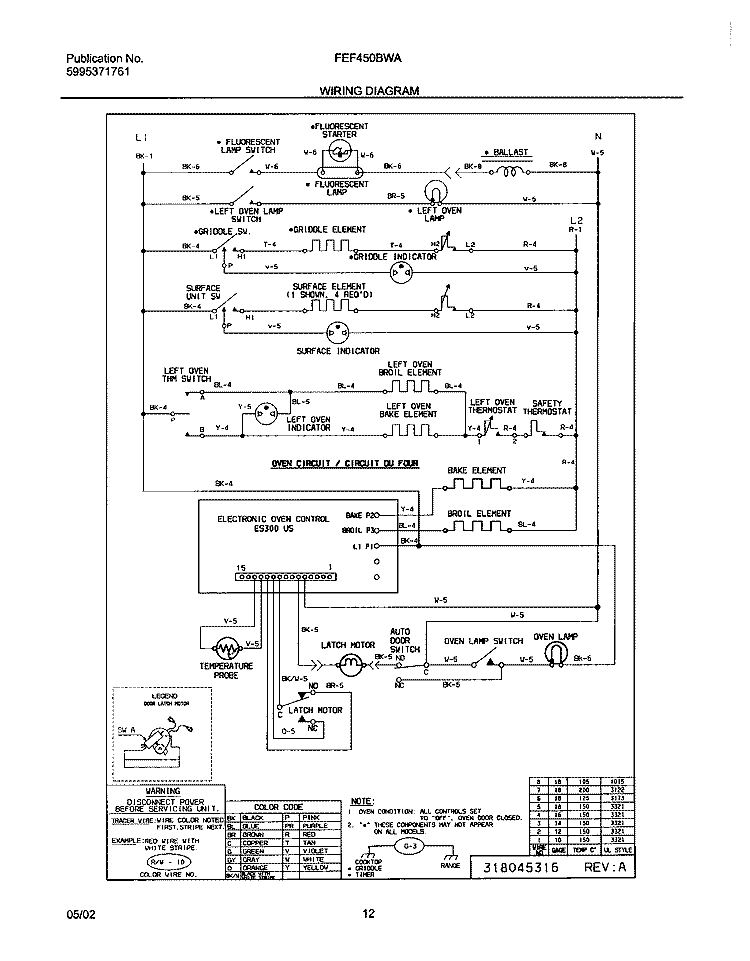 WIRING DIAGRAM Diagram and Parts List for FEF450BWA  Frigidaire Range