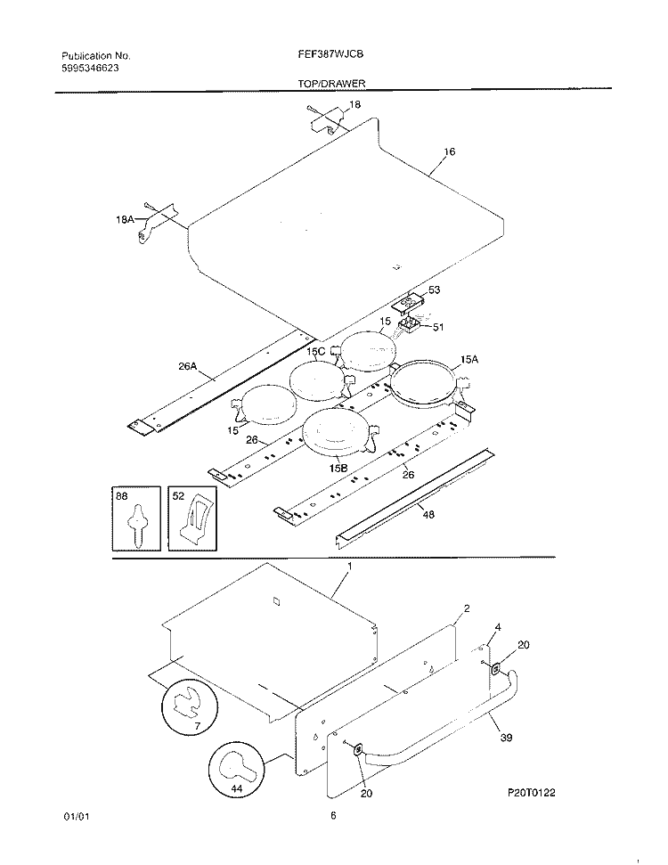 TOP / DRAWER Diagram and Parts List for FEF387WJCB  Frigidaire Range