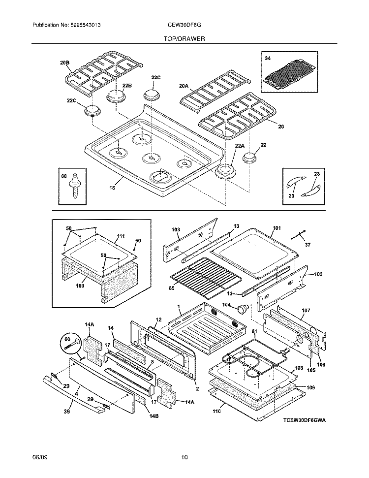 TOP/DRAWER Diagram and Parts List for CEW30DF6GWC  Electrolux Range