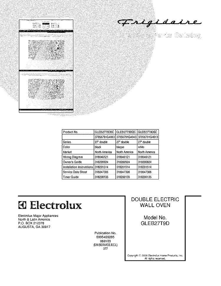 COVER Diagram and Parts List for GLEB27T9DBC  Frigidaire Wall Oven