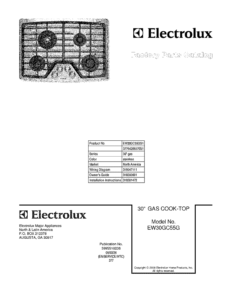 COVER Diagram and Parts List for EW30GC55GS1  Electrolux Cooktop