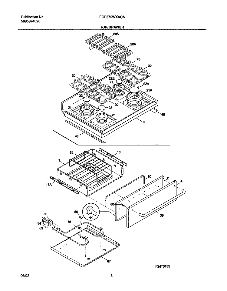 TOP / DRAWER Diagram and Parts List for FGF379WXACA  Frigidaire Range