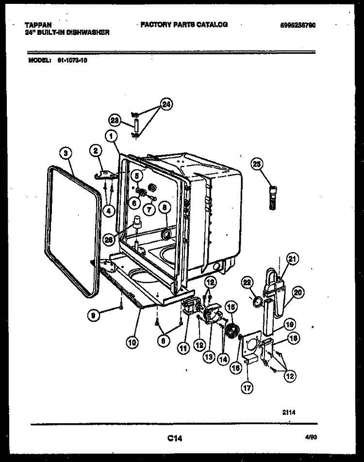 TUB AND FRAME PARTS Diagram and Parts List for 61-1073-10-00  Tappan Dishwasher