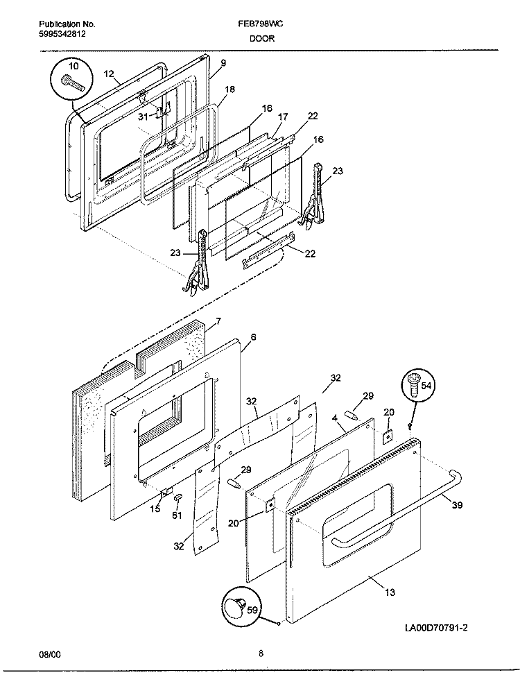 DOOR Diagram and Parts List for FEB798WCCE  Frigidaire Wall Oven