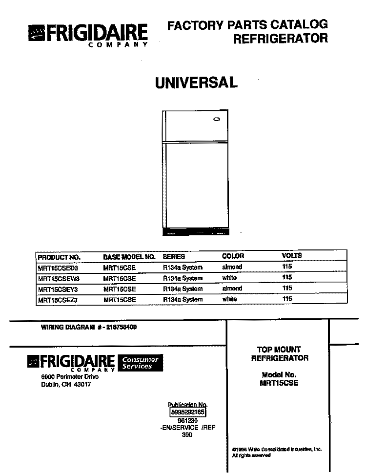 COVER Diagram and Parts List for MRT15CSEW3  Frigidaire Refrigerator