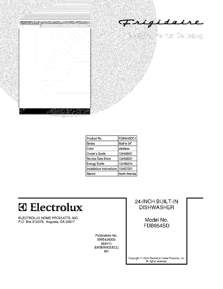 COVER Diagram and Parts List for FDB954SDC1  Frigidaire Dishwasher