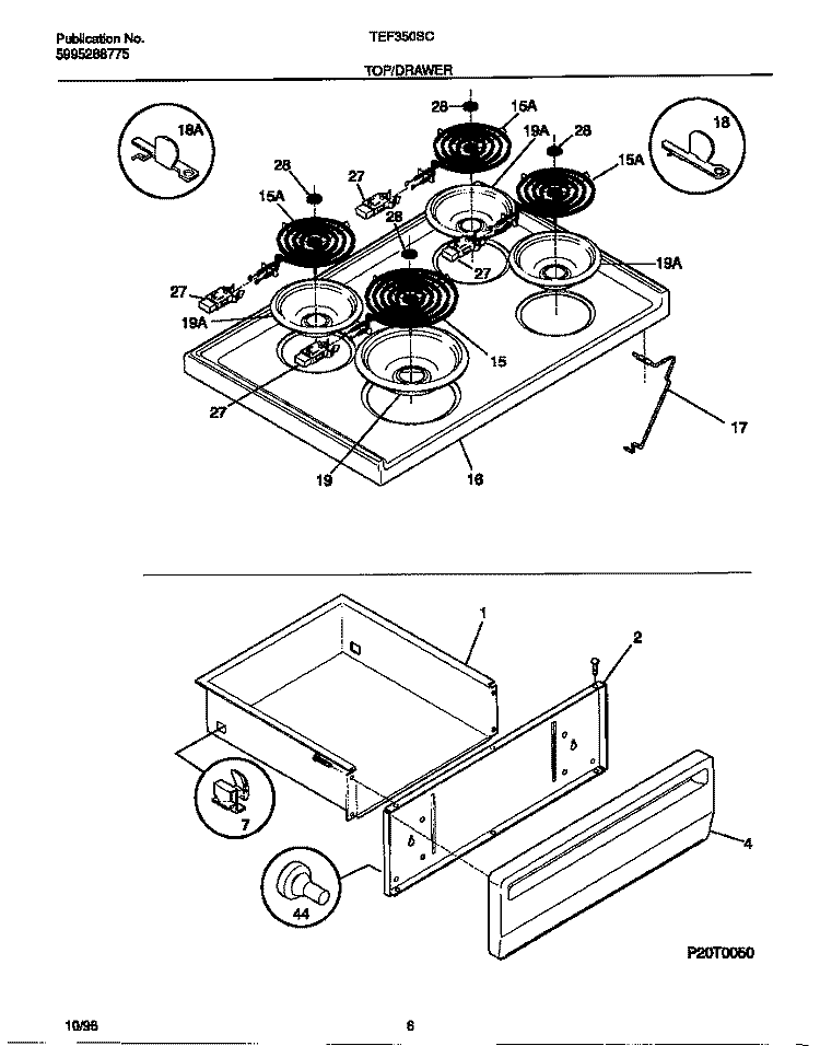 TOP / DRAWER Diagram and Parts List for TEF350SCDC  Tappan Range