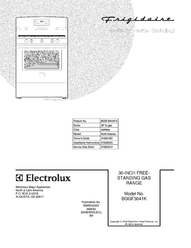COVER Diagram and Parts List for BGGF3041KFA  Frigidaire Range