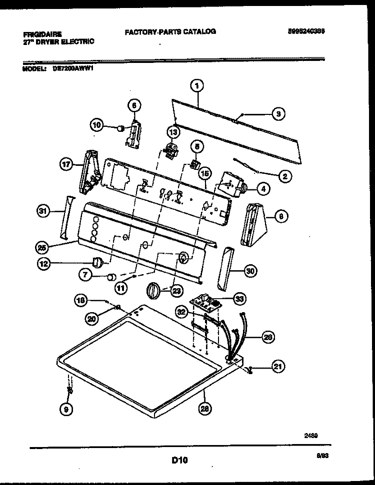 CONSOLE AND CONTROL PARTS Diagram and Parts List for DE7200AWW1  Frigidaire Dryer