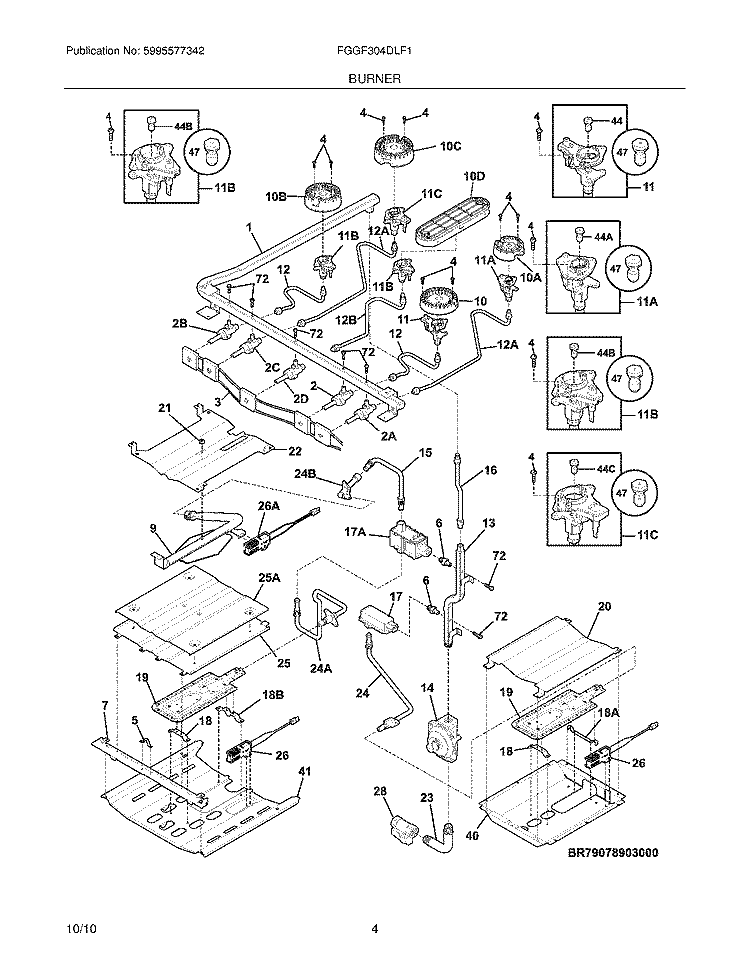 BURNER Diagram and Parts List for FGGF304DLF1  Frigidaire Range