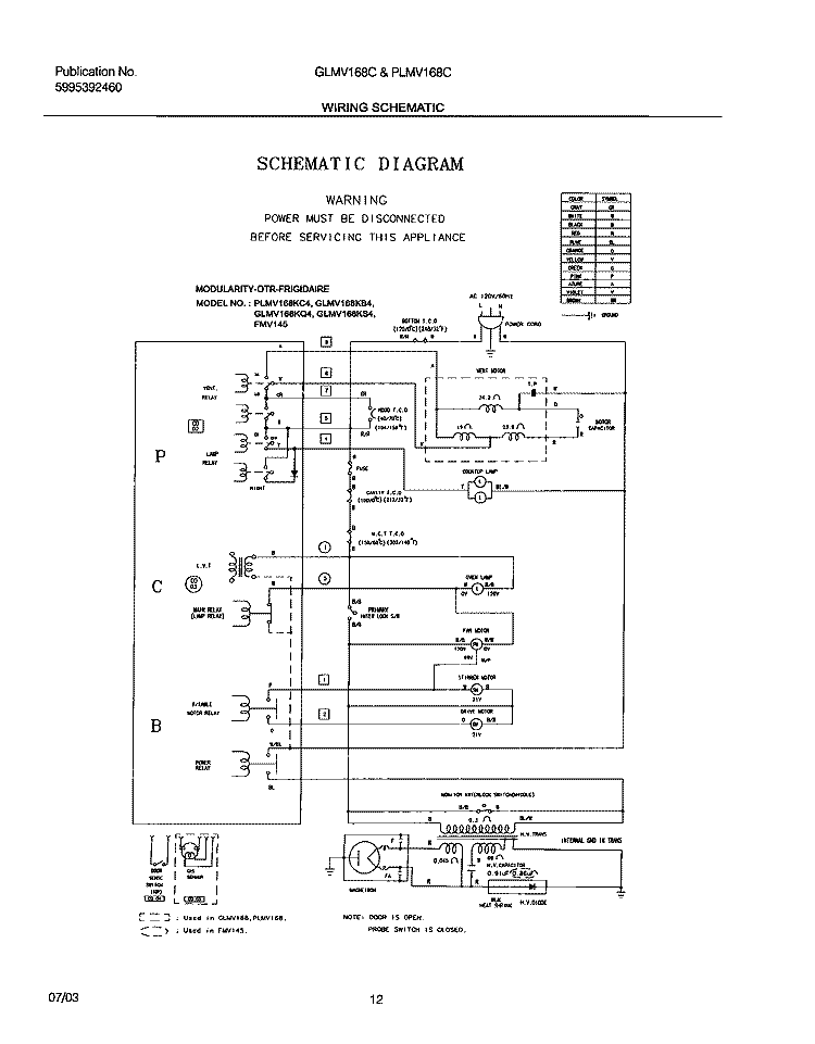 WIRING SCHEMATIC Diagram and Parts List for GLMV168CB1  Frigidaire Microwave