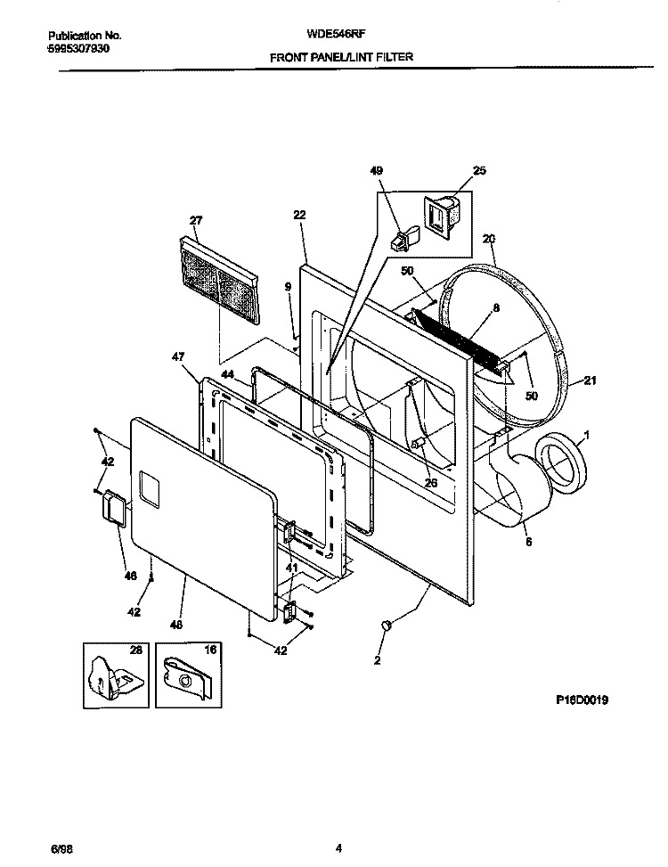 FRONT PANLE / LINT FILTER Diagram and Parts List for WDE546RFS0  Frigidaire Dryer