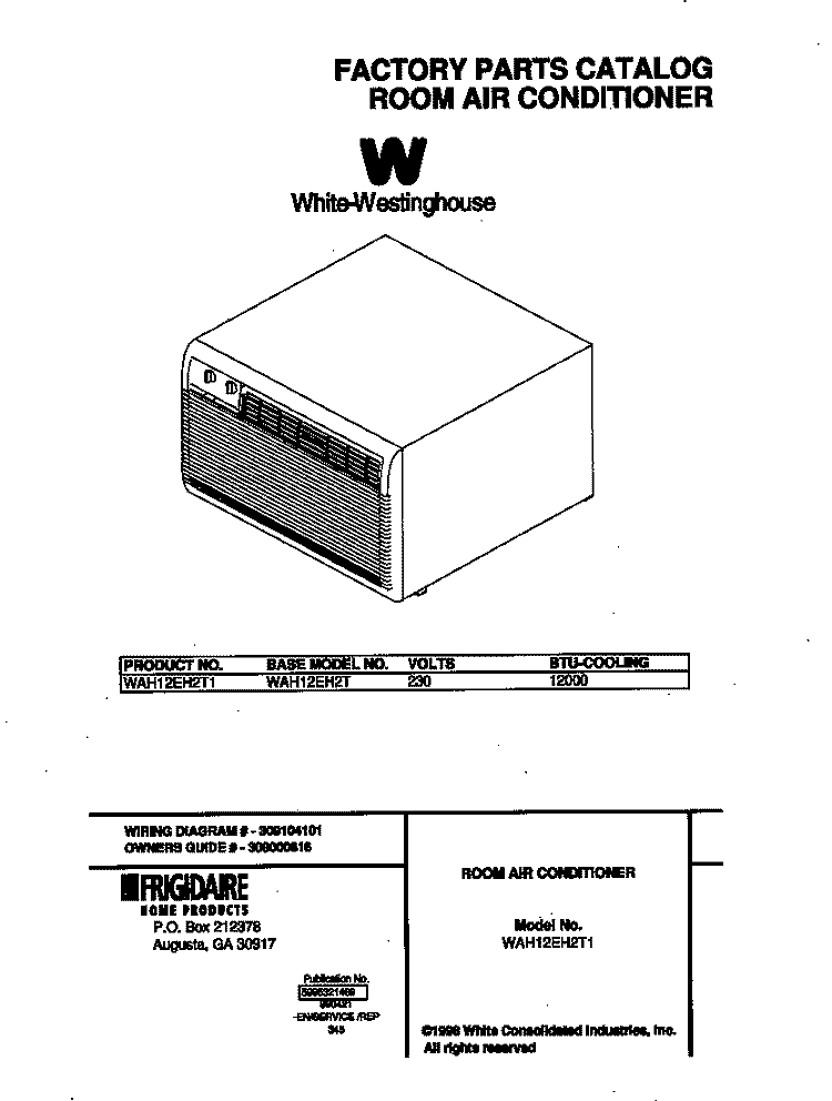 COVER Diagram and Parts List for WAH12EH2T1  Frigidaire Air Conditioner