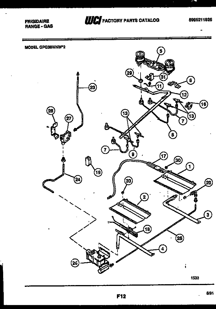 BURNER, MANIFOLD AND GAS CONTROL Diagram and Parts List for GPG39WNW2  Frigidaire Range