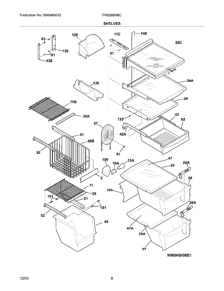 SHELVES Diagram and Parts List for FRS26BH6CQ3  Frigidaire Refrigerator
