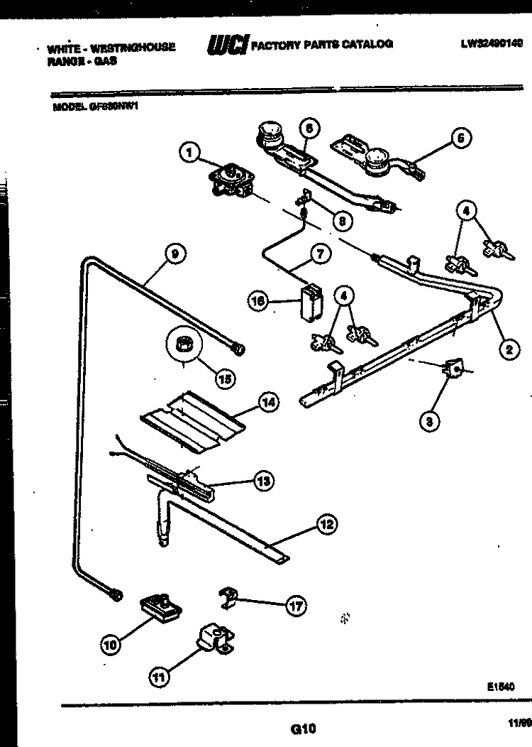 BURNER, MANIFOLD AND GAS CONTROL Diagram and Parts List for GF830ND1  Frigidaire Range