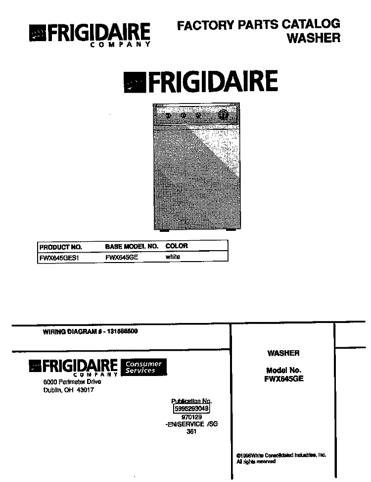 COVER Diagram and Parts List for FWX645GES1  Frigidaire Washer