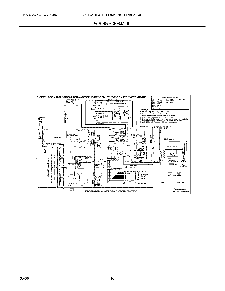 WIRING SCHEMATIC Diagram and Parts List for CGBM185KBA  Frigidaire Microwave