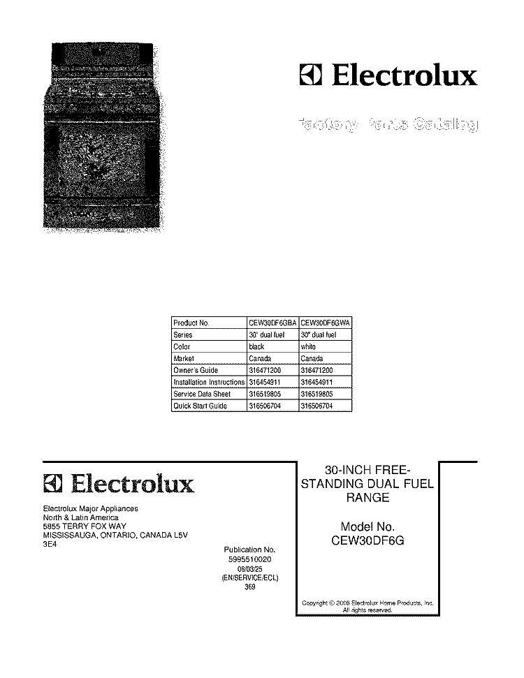 COVER Diagram and Parts List for CEW30DF6GWA  Electrolux Range