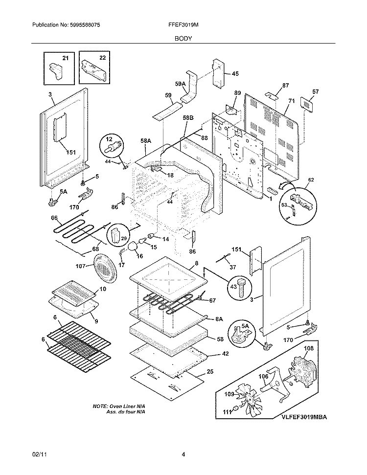 BODY Diagram and Parts List for FFEF3019MWA  Frigidaire Range