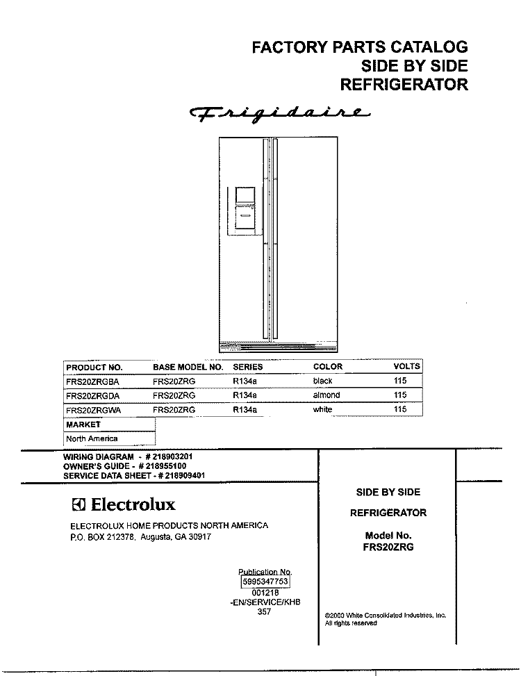 COVER Diagram and Parts List for FRS20ZRGWA  Frigidaire Refrigerator