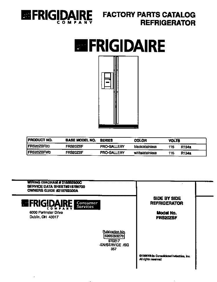 COVER Diagram and Parts List for FRS20ZSFB0  Frigidaire Refrigerator