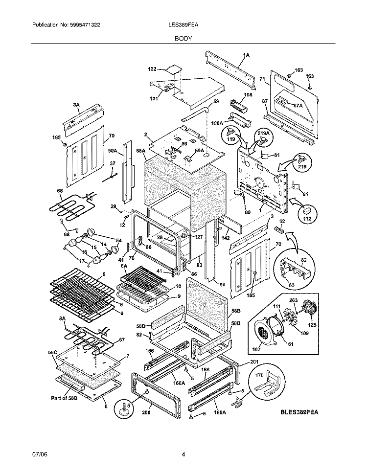 BODY Diagram and Parts List for LES389FEA  Frigidaire Range
