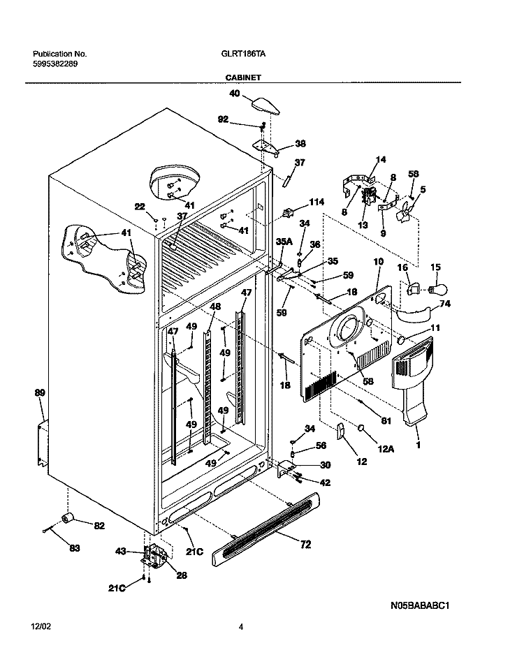 CABINET Diagram and Parts List for GLRT186TAW4  Frigidaire Refrigerator
