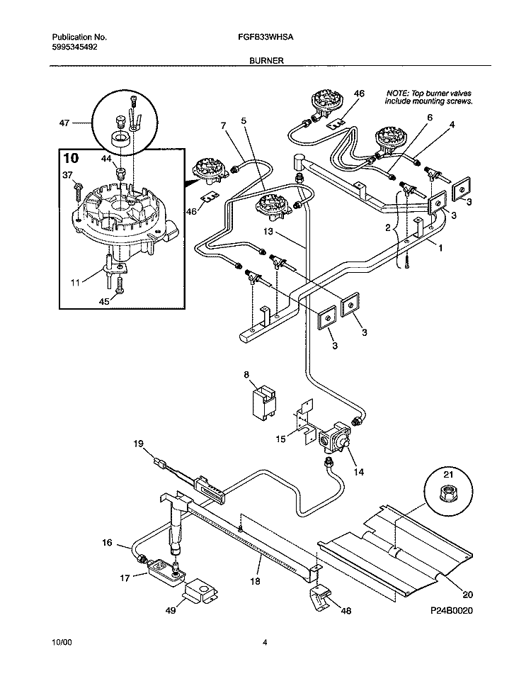 BURNER Diagram and Parts List for FGFB33WHSA  Frigidaire Range