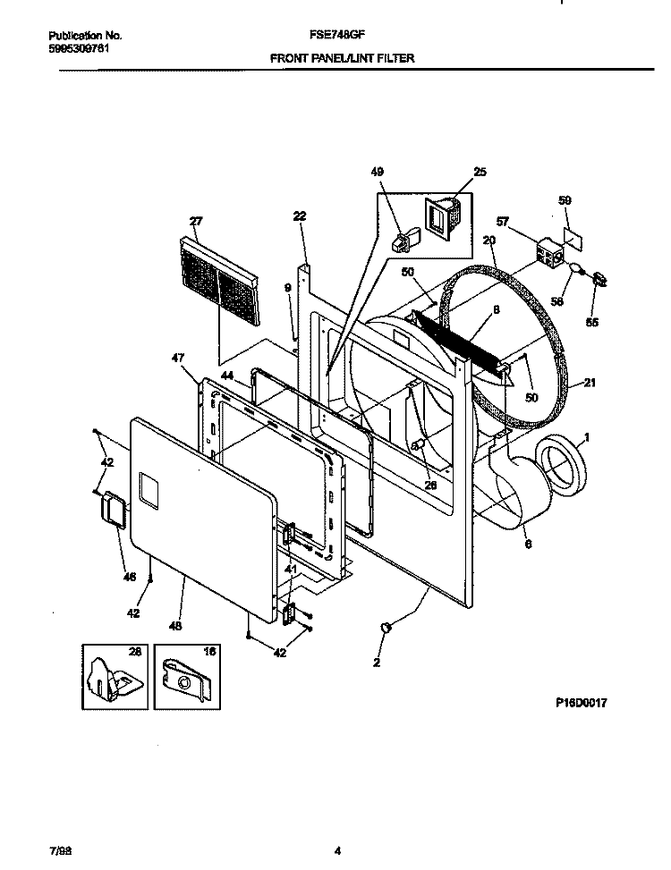 FRONT PANEL / LINT FILTER Diagram and Parts List for FSE748GFS0  Frigidaire Dryer