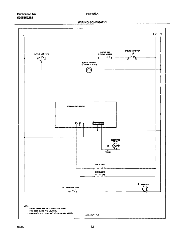 WIRING SCHEMATIC Diagram and Parts List for FEF326AWB  Frigidaire Range
