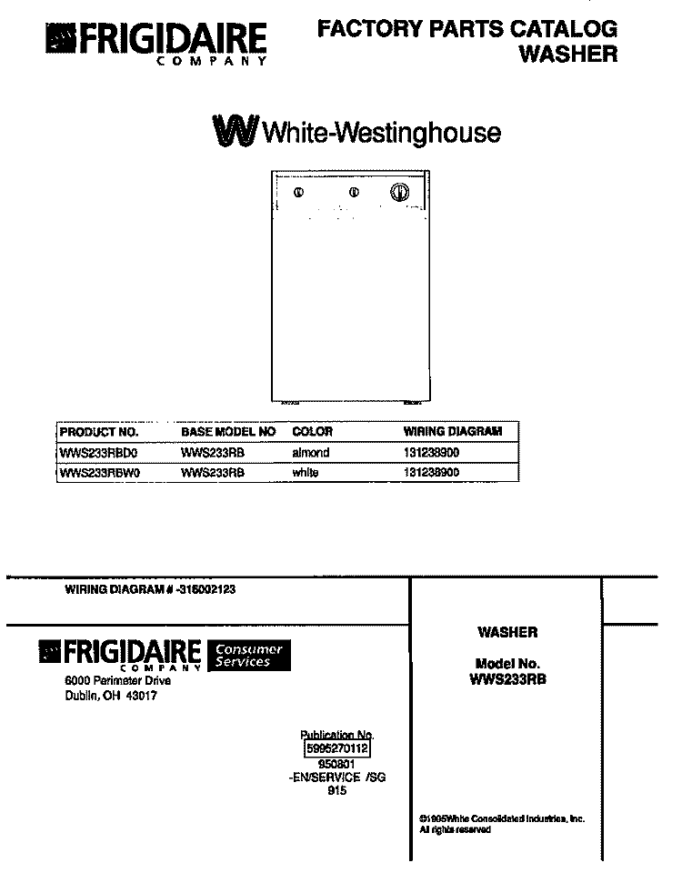 COVER Diagram and Parts List for WWS233RBW0  Frigidaire Washer