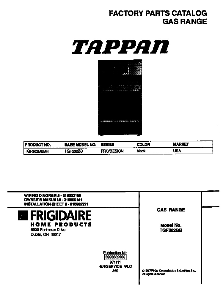 COVER Diagram and Parts List for TGF362BBBH  Tappan Range
