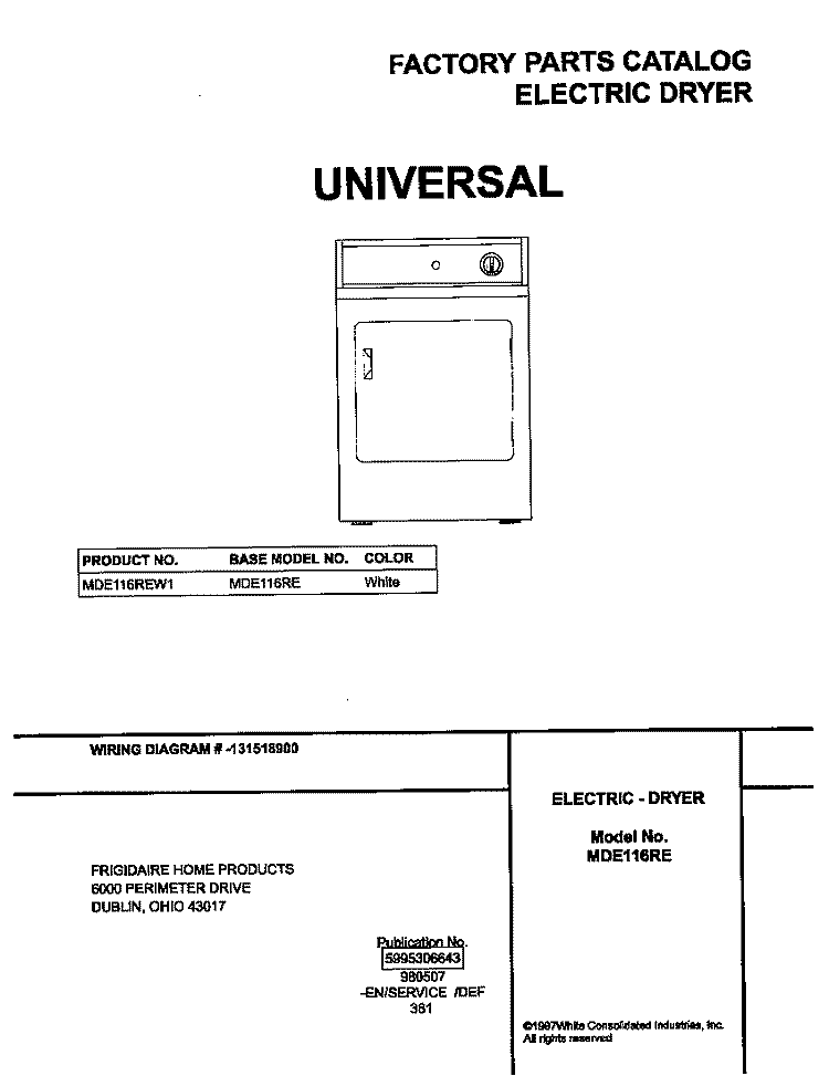 COVER Diagram and Parts List for MDE116REW1  Frigidaire Dryer