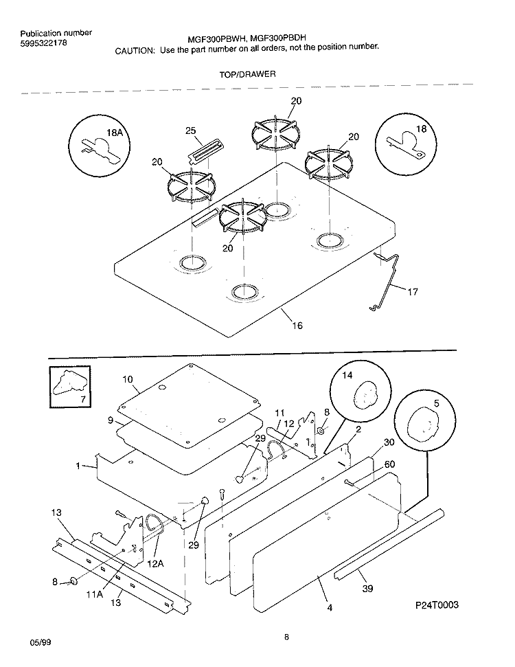 TOP / DRAWER Diagram and Parts List for MGF300PBDH  Frigidaire Range