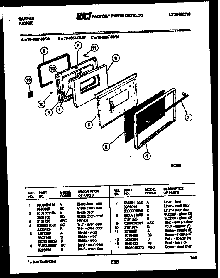 LOWER OVEN DOOR PARTS Diagram and Parts List for 76-4667-00-08  Tappan Microwave Oven Combo