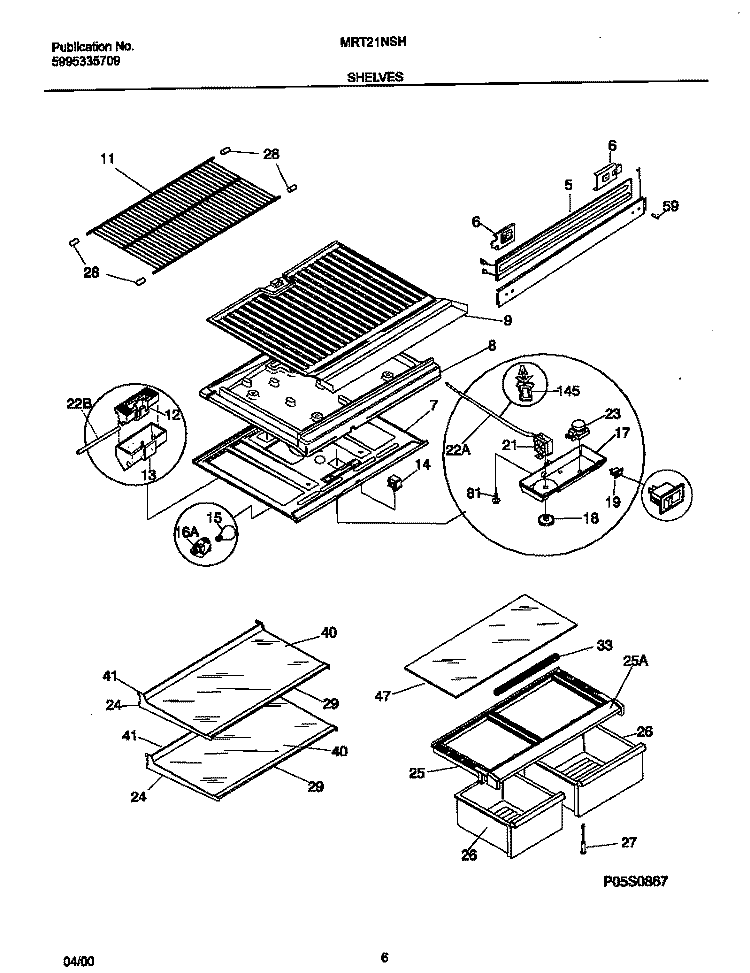SHELVES Diagram and Parts List for MRT21NSHD2  Frigidaire Refrigerator