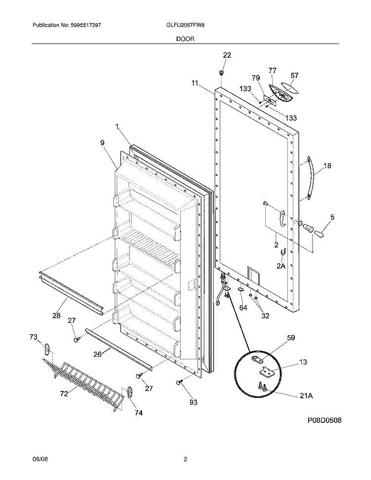 DOOR Diagram and Parts List for GLFU2067FW8  Frigidaire Freezer
