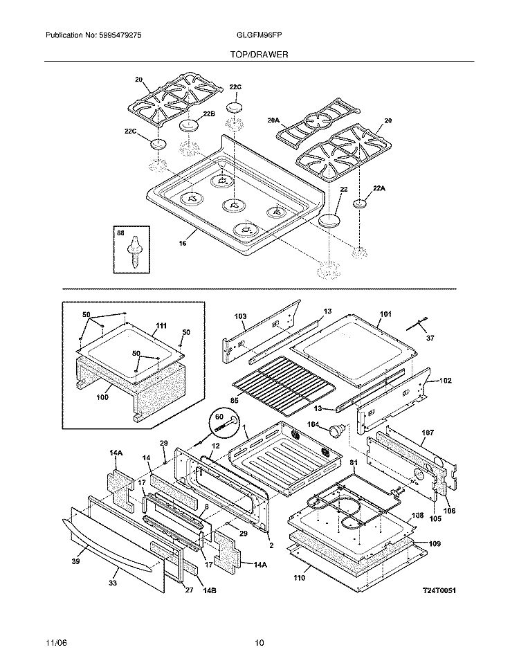 TOP / DRAWER Diagram and Parts List for GLGFM96FPBB  Frigidaire Range