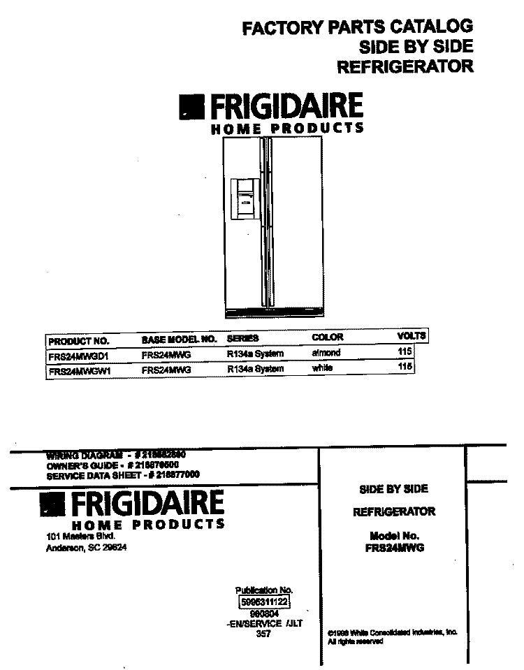 COVER Diagram and Parts List for FRS24MWGW1  Frigidaire Refrigerator