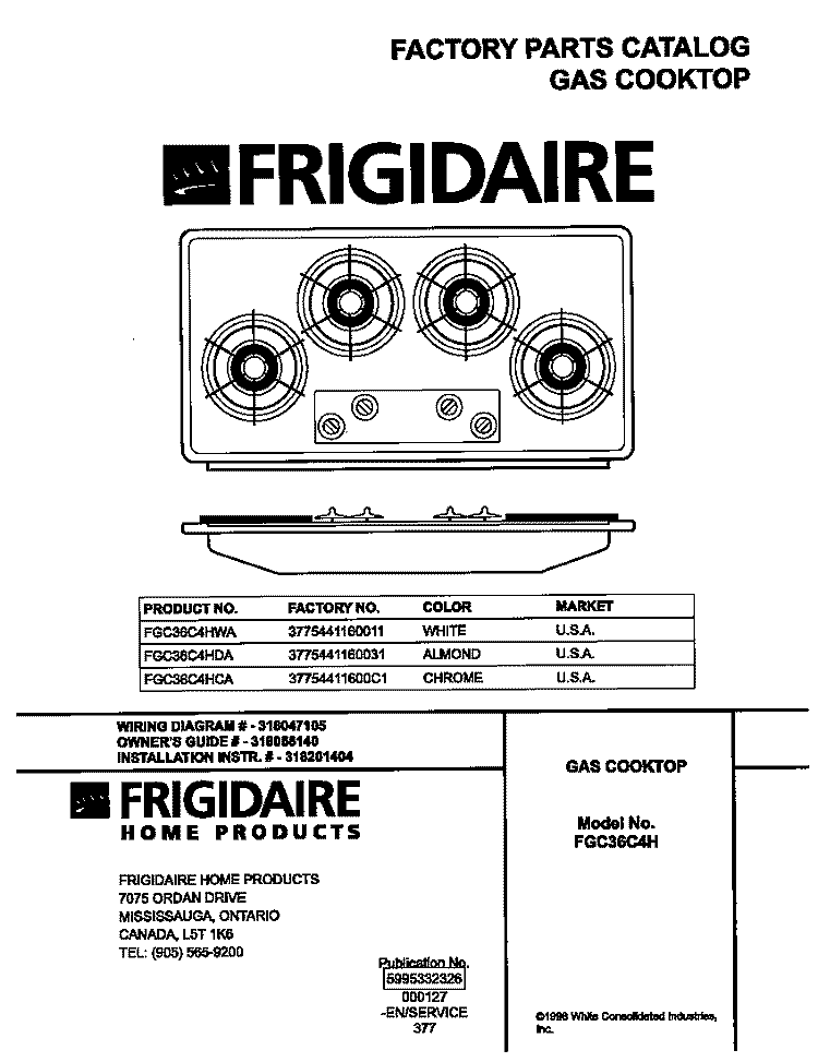 COVER Diagram and Parts List for FGC36C4HCA  Frigidaire Cooktop
