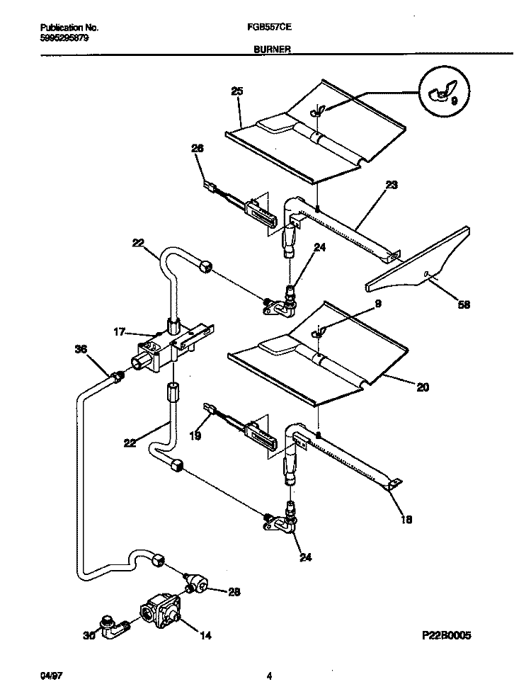 BURNER Diagram and Parts List for FGB557CEBC  Frigidaire Wall Oven