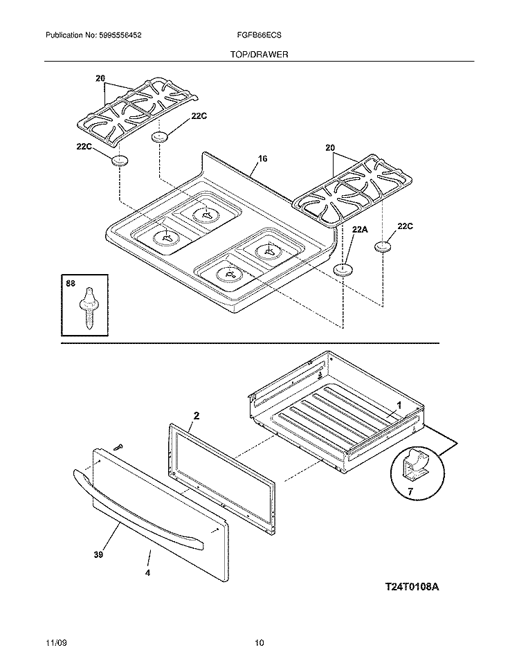 TOP/DRAWER Diagram and Parts List for FGFB66ECS  Frigidaire Range