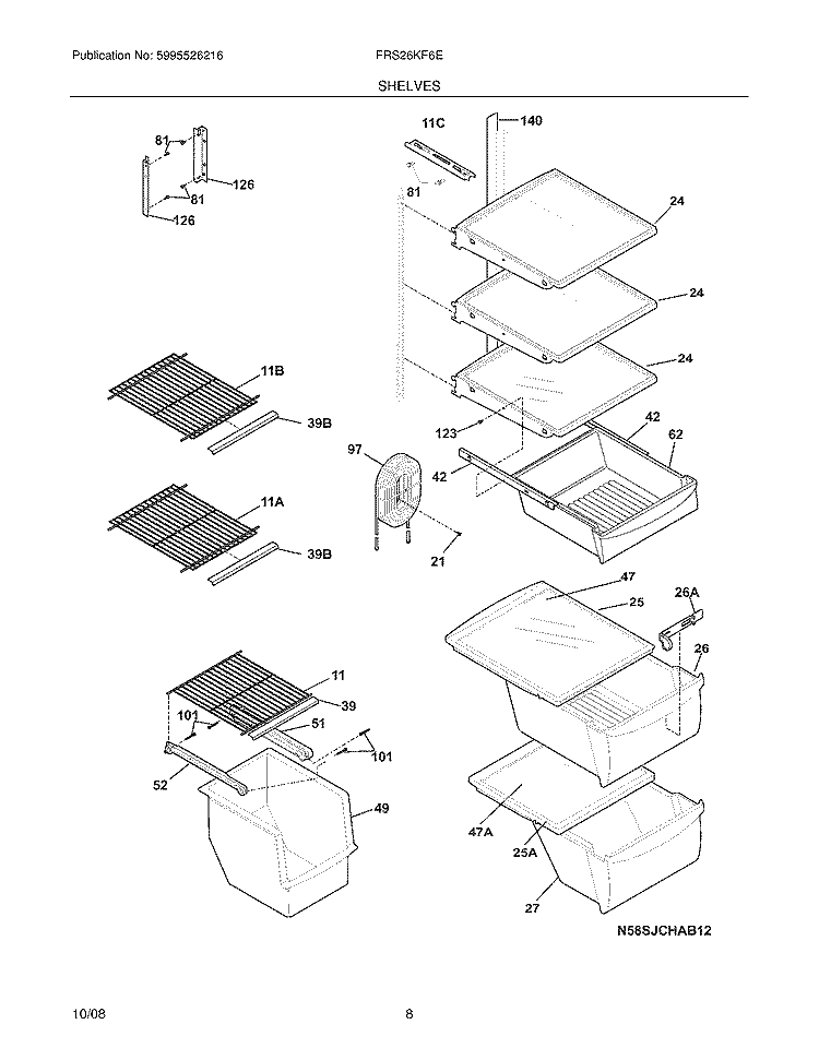 SHELVES Diagram and Parts List for FRS26KF6EBF  Frigidaire Refrigerator