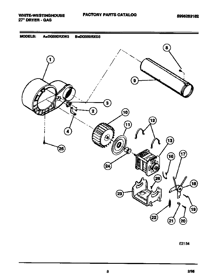 MOTOR, FAN HOUSING, EXHAUST DUCT Diagram and Parts List for DG350RXW3  Frigidaire Dryer