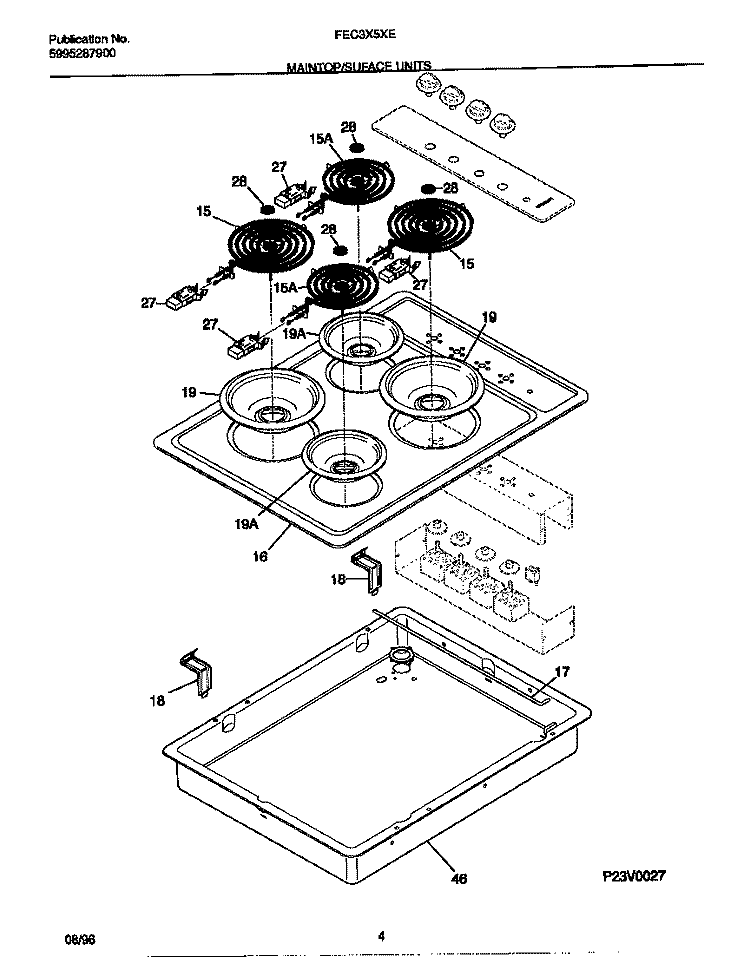 MAIN TOP / SURFACE UNITS Diagram and Parts List for FEC3X5XEBA  Frigidaire Cooktop