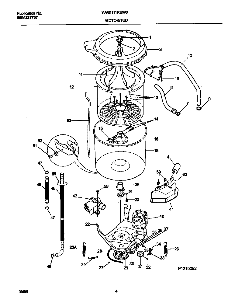 P12T0052 WSHR MTR, HOSE Diagram and Parts List for WWX111REW0  Frigidaire Washer